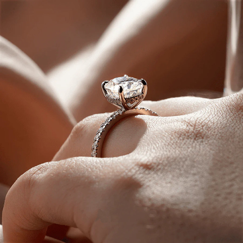 Side View of Micropavé Moissanite Engagement Ring
