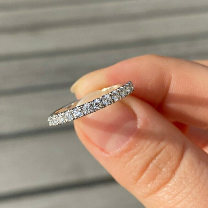 French Pavé Moissanite Ring Styled with Engagement Ring

