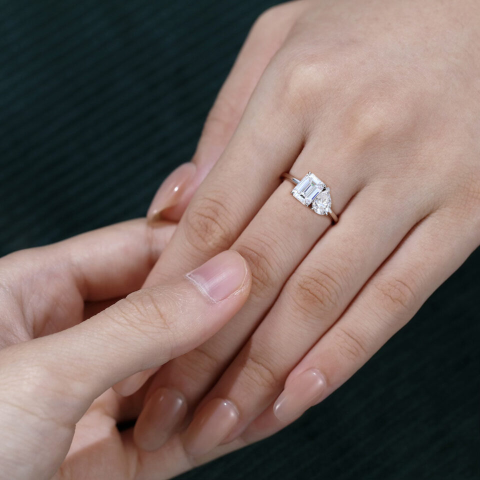 Emerald & Pear Moissanite Ring yellow gold