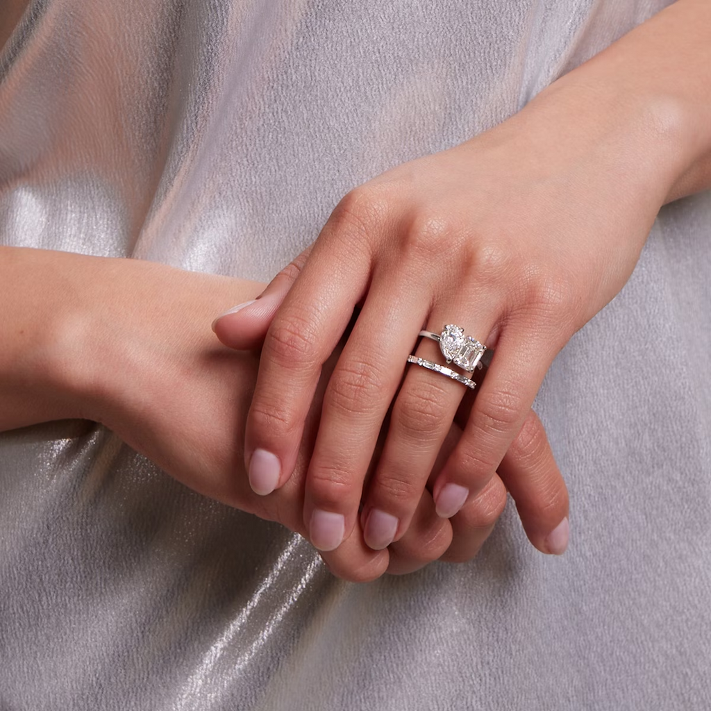Emerald & Pear Moissanite Ring with Platinum Finish
