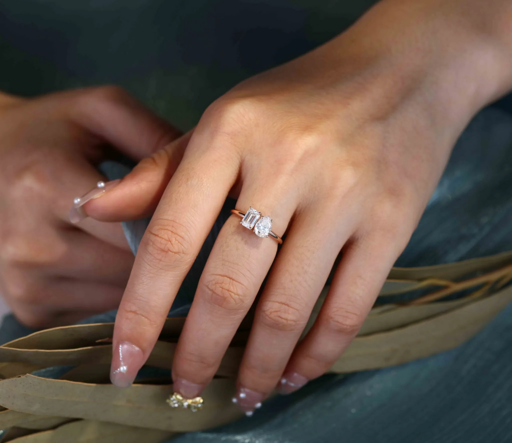 Statement Two-Stone Moissanite Ring on Hand Model