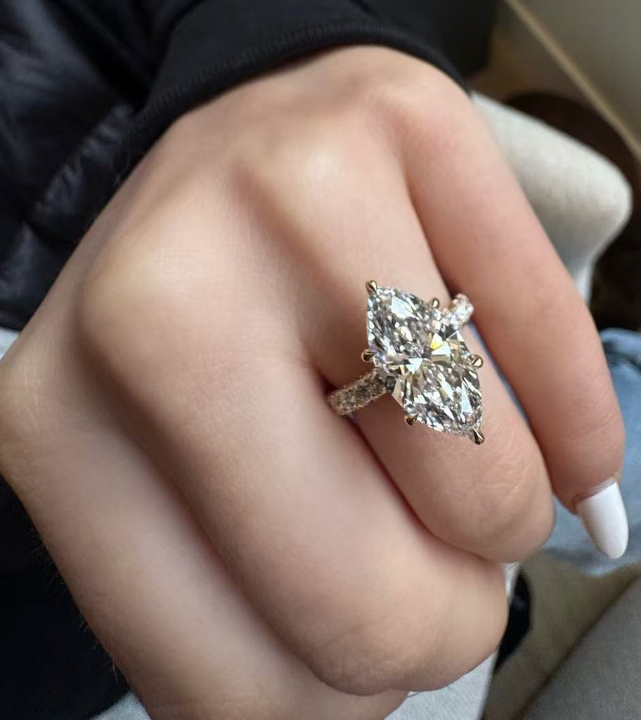Long Marquise Cut Engagement Ring with Hidden Halo