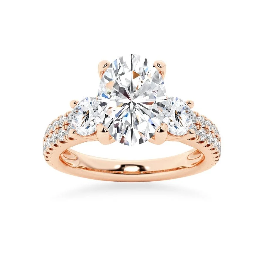 Double Row Pave Three Stone Oval Cut Moissanite Engagement Ring