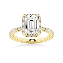 Load image into Gallery viewer, Half Eternity Emerald Cut Moissanite Halo Engagement Ring