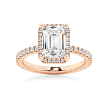 Load image into Gallery viewer, Half Eternity Emerald Cut Moissanite Halo Engagement Ring