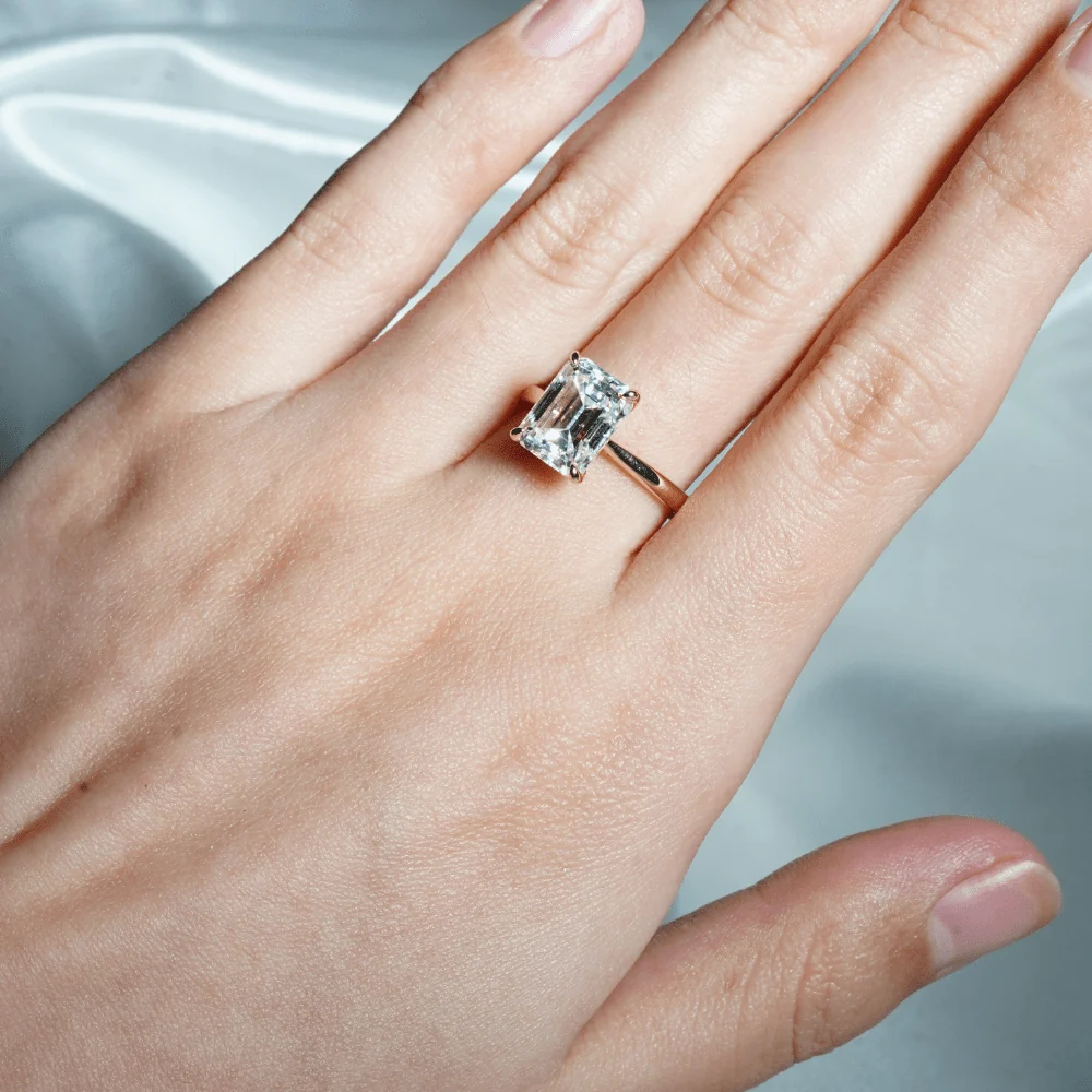 Classic Emerald Cut Moissanite Engagement Ring With Hidden Halo