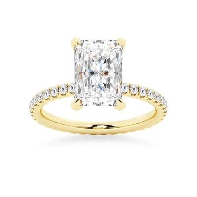 Radiant Cut Moissanite Engagement Ring with Pavé Band in Yellow Gold