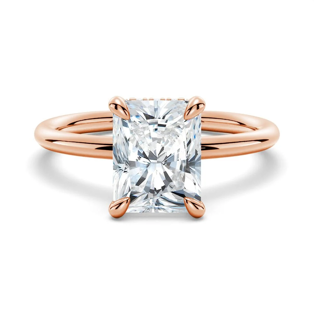 Classic Four-Prong Radiant Moissanite Engagement Ring with Hidden Halo