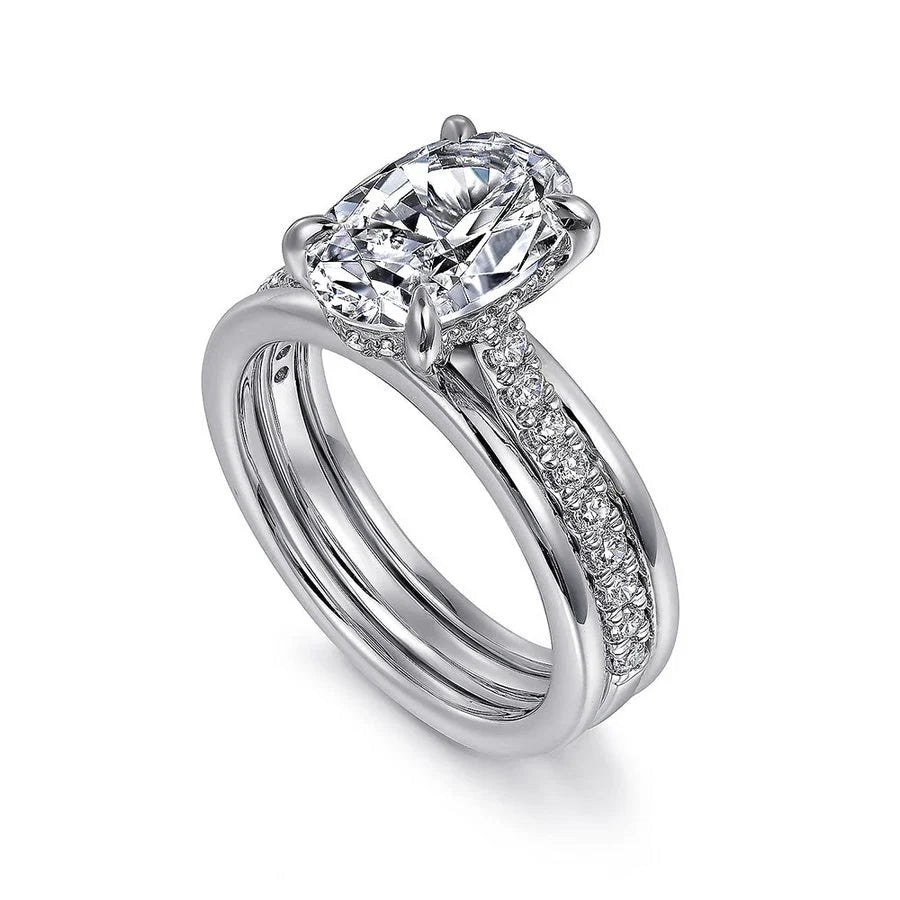 2CT Double Row Pave Oval Moissanite Engagement Ring With Hidden Halo