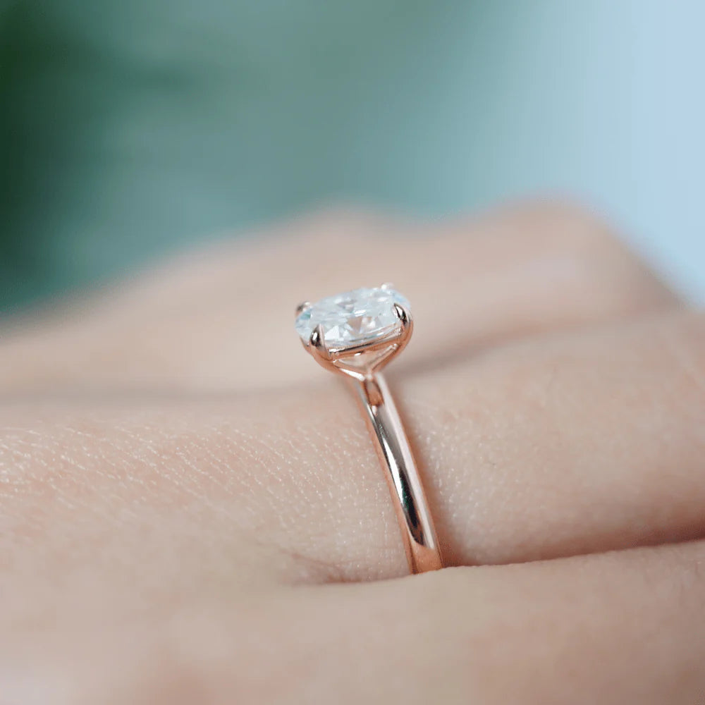 Close-Up of Oval Moissanite Solitaire Ring