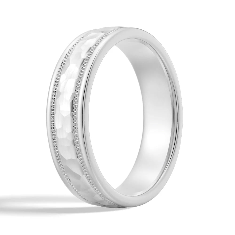 6mm Hammered Milgrain Men’s Wedding Band – Silver, Gold or Platinum Ring