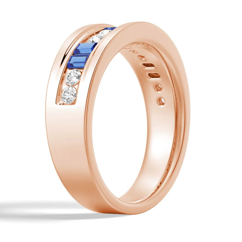 7.5mm Sapphire and Moissanite Men’s Wedding Band – Silver, Gold, or Platinum Ring
