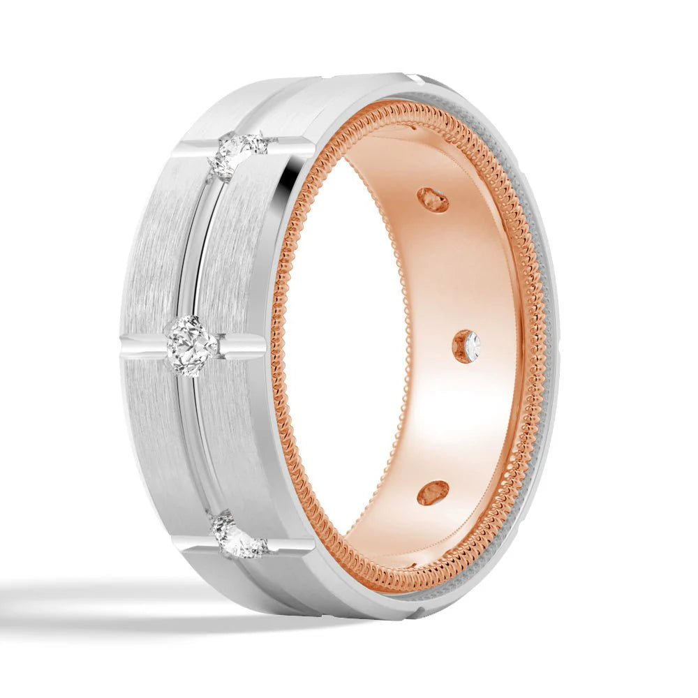 7.5mm Two-Tone Matte Moissanite Men’s Band – Gold, Silver, Platinum Ring