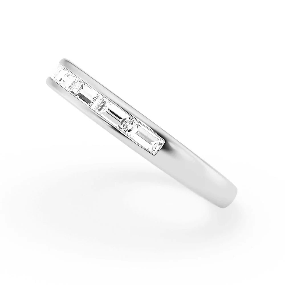 Slim Moissanite Band with Baguette Cuts in Platinum Finish