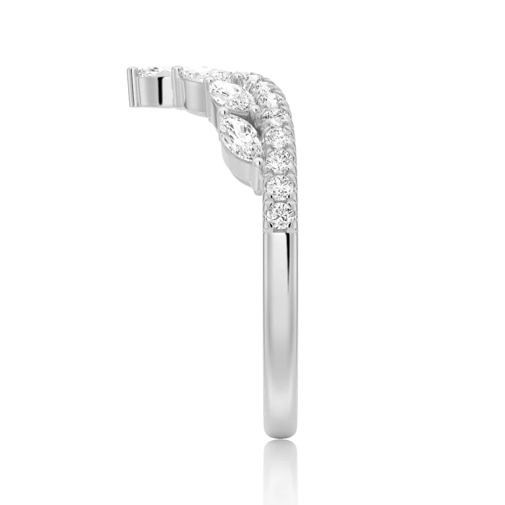 Curved Crown Marquise and Round Moissanite Wedding Band – Regal V-Shaped Eternity Ring