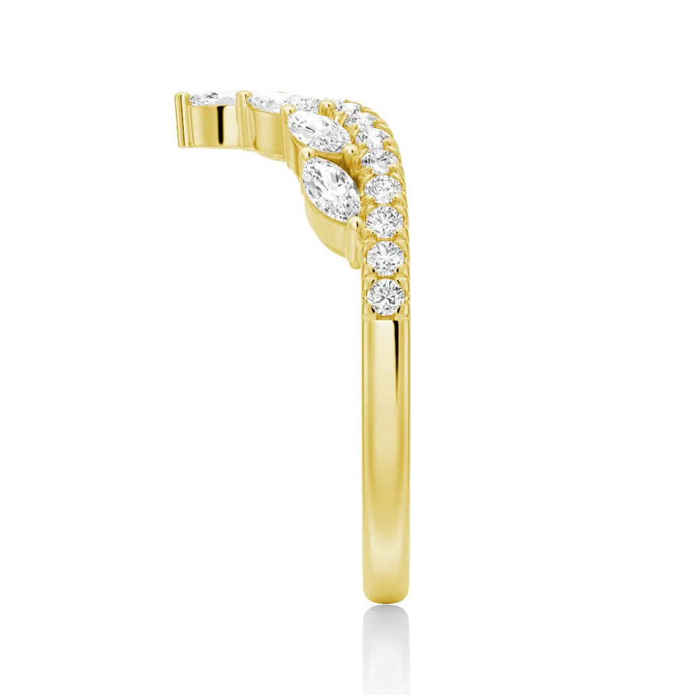 Curved Crown Marquise and Round Moissanite Wedding Band – Regal V-Shaped Eternity Ring