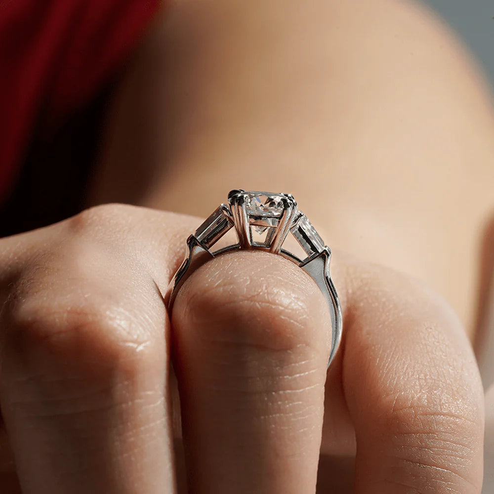 Double Prong Lab-Grown Diamond Engagement Ring with Tapered Baguette – 10K/14K/18K Gold or Platinum