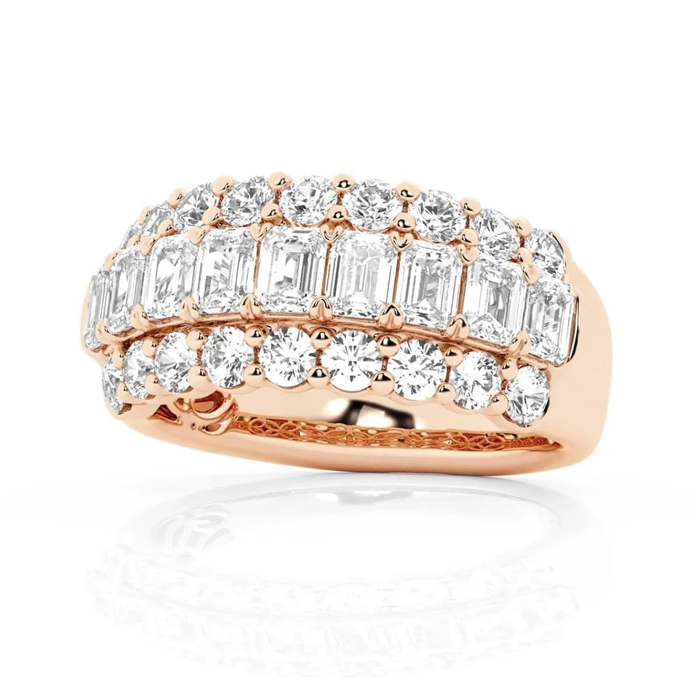 Emerald and Round Cut Moissanite Wedding Band – Unique Fashion Ring in Silver, Gold or Platinum