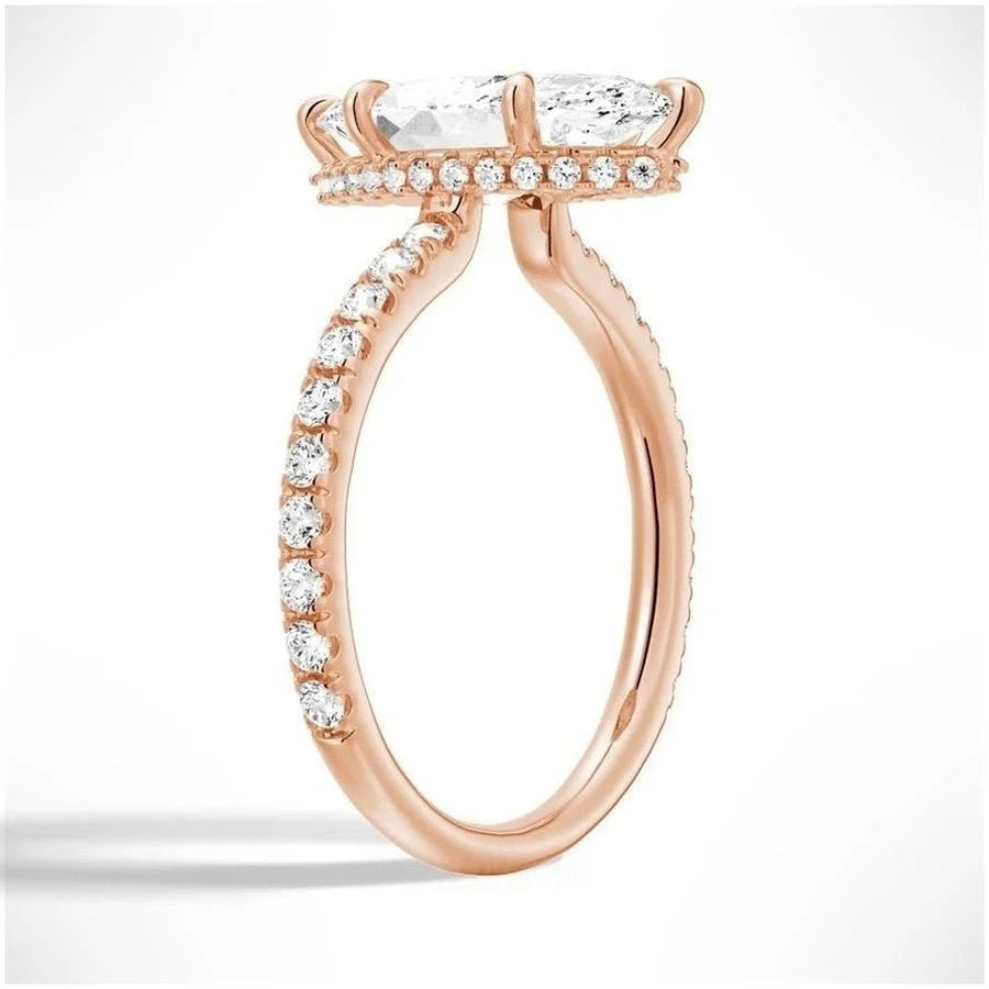 Marquise Moissanite Engagement Ring with Hidden Halo | French Pave Design in Gold & Silver