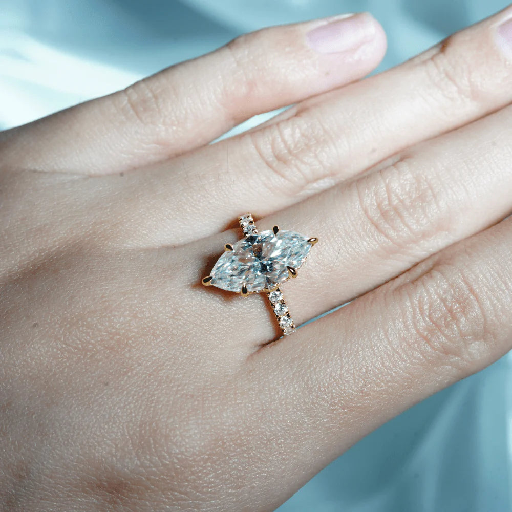 Marquise Moissanite Engagement Ring with Hidden Halo | French Pave Design in Gold & Silver