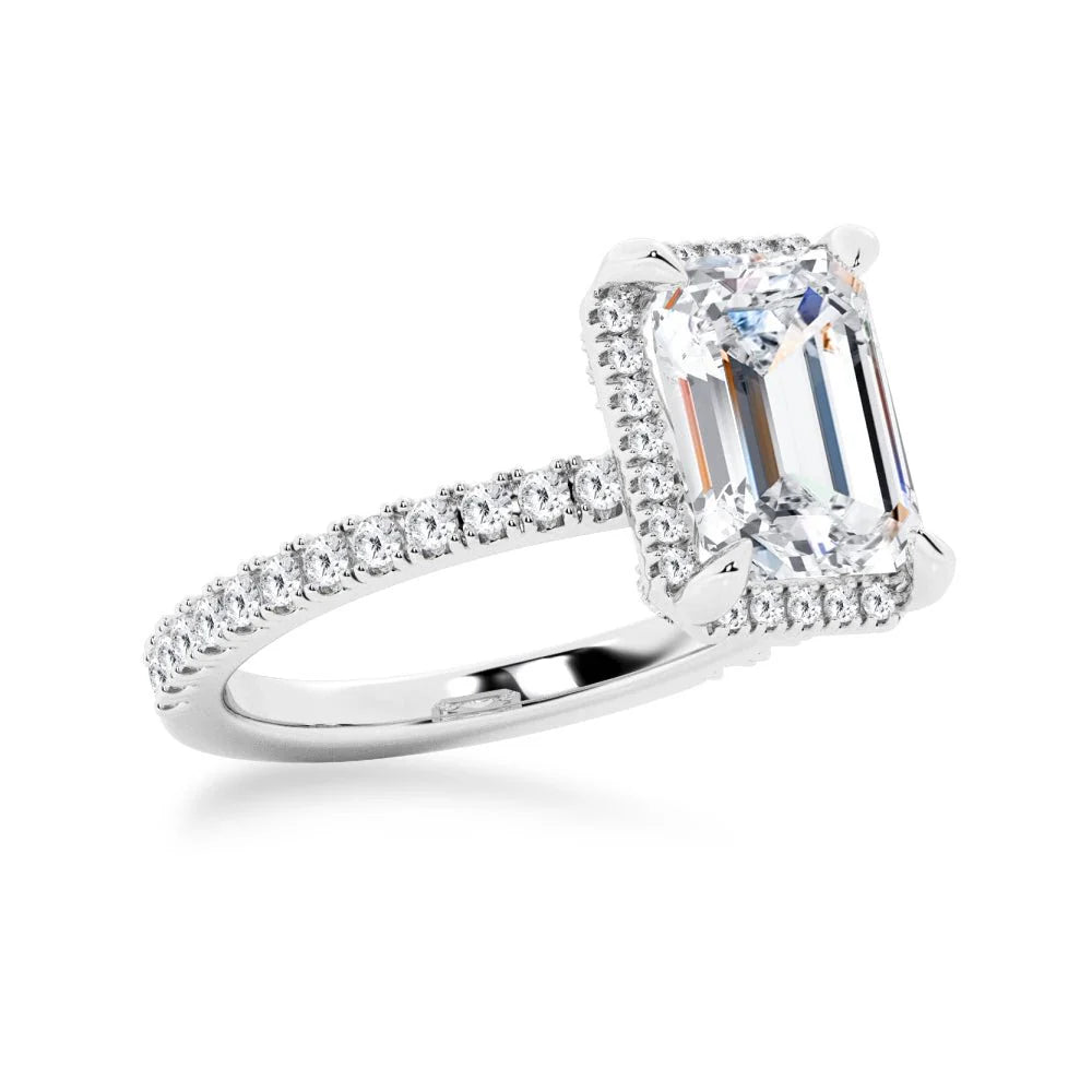 Side View of Emerald Cut Moissanite Halo Ring
