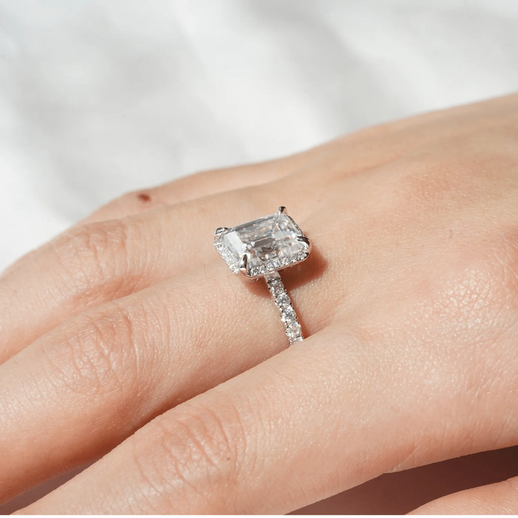 Halo Moissanite Ring with Pavé Band Detail
