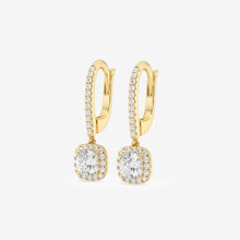 Load image into Gallery viewer, Cushion Cut Halo Moissanite Drop Earrings – Silver, Gold, Platinum