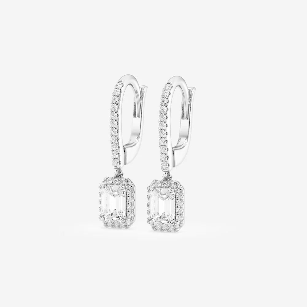 Emerald Cut Moissanite Drop Earrings – Halo Pavé Design | Gold & Silver