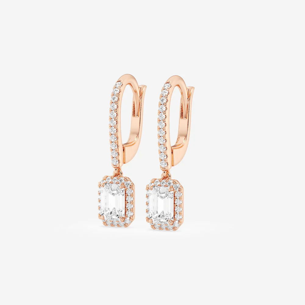 Emerald Cut Moissanite Drop Earrings – Halo Pavé Design | Gold & Silver