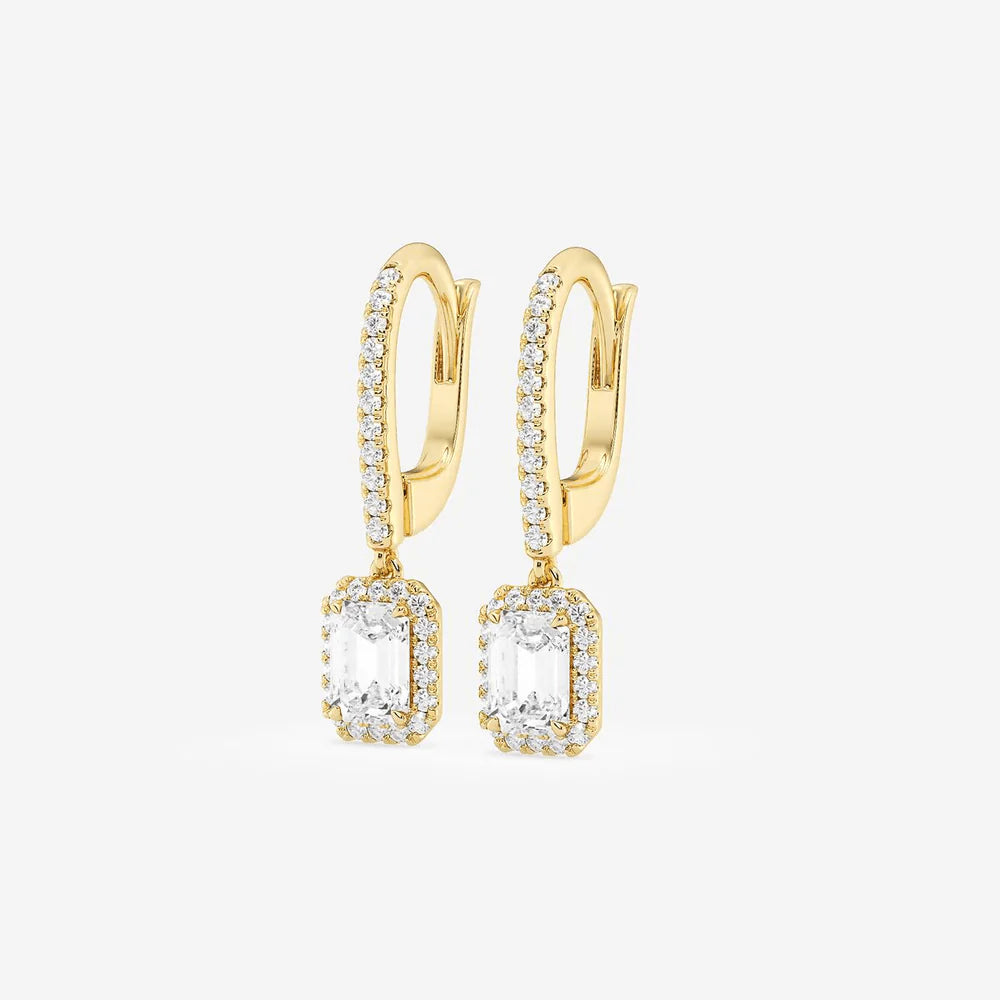 Emerald Cut Moissanite Drop Earrings – Halo Pavé Design | Gold & Silver