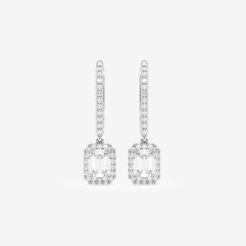 Emerald Cut Moissanite Drop Earrings – Halo Pavé Design | Gold & Silver