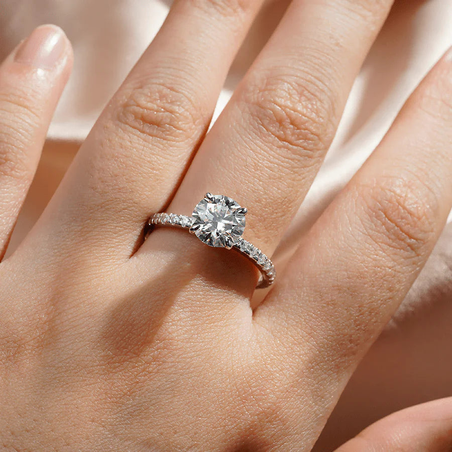 Pavé Set Round Moissanite Ring with Hidden Halo | TKEANAAL