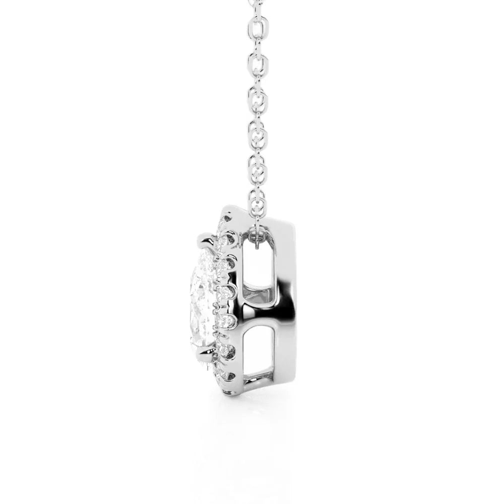 Pear Cut Moissanite Halo Necklace | Pavé Pendant in Silver & Gold