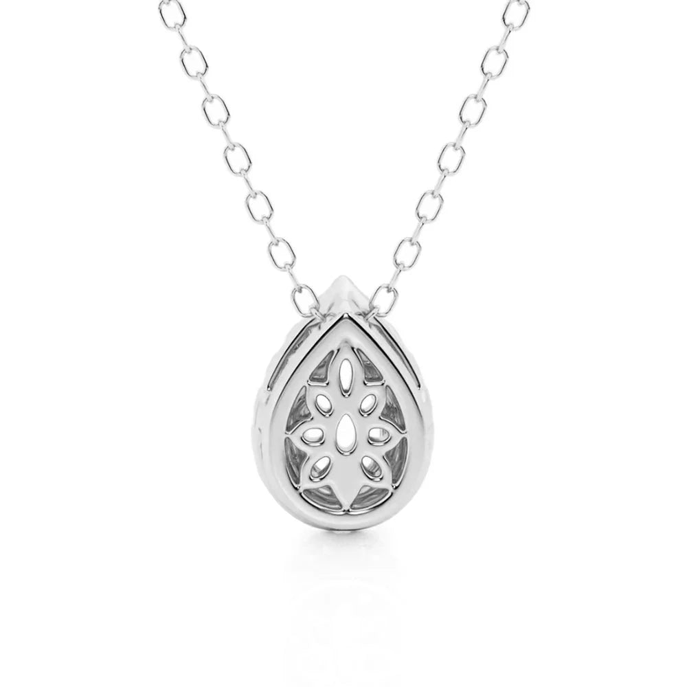 Pear Cut Moissanite Halo Necklace | Pavé Pendant in Silver & Gold