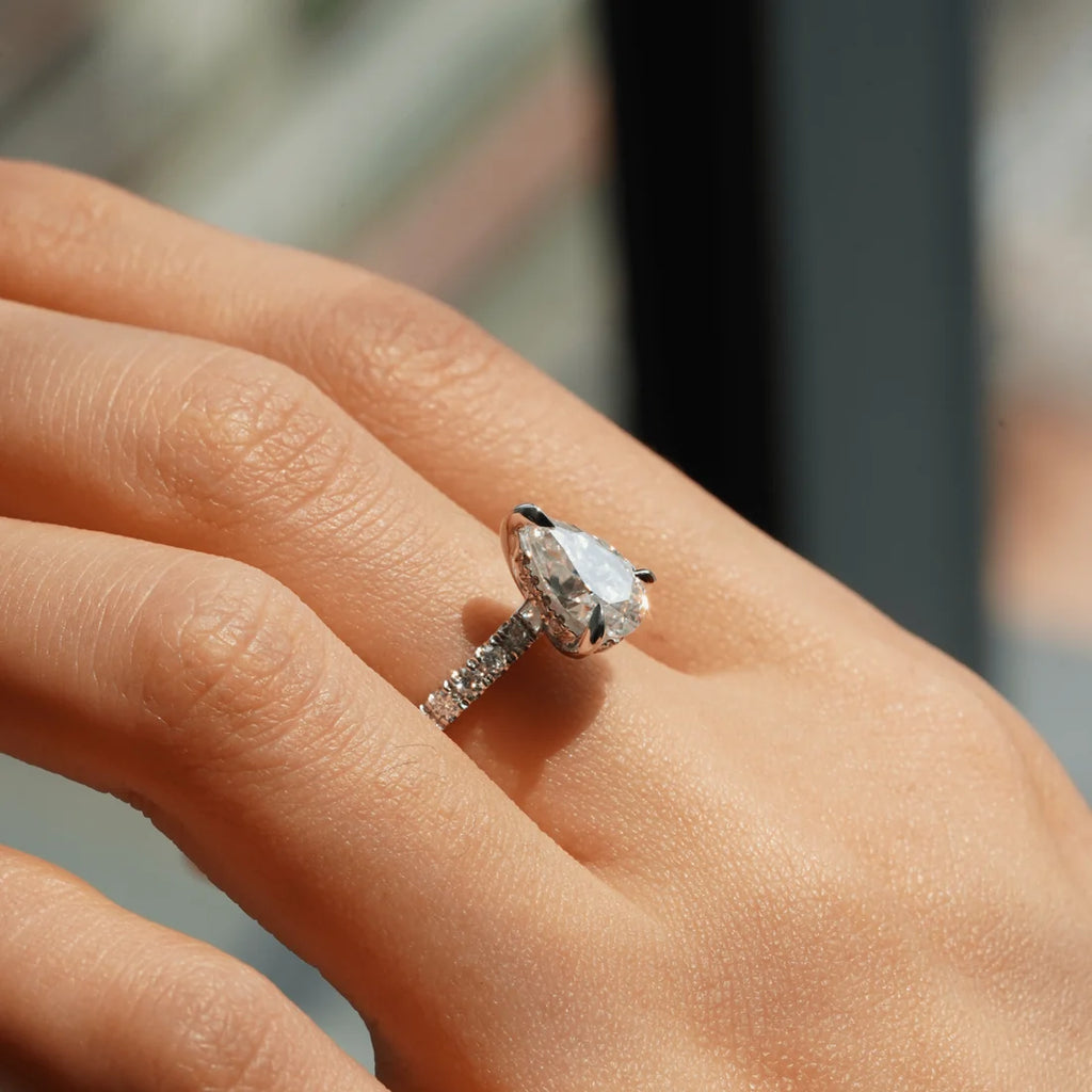 Pear-Shaped Pavé Band Moissanite Engagement Ring