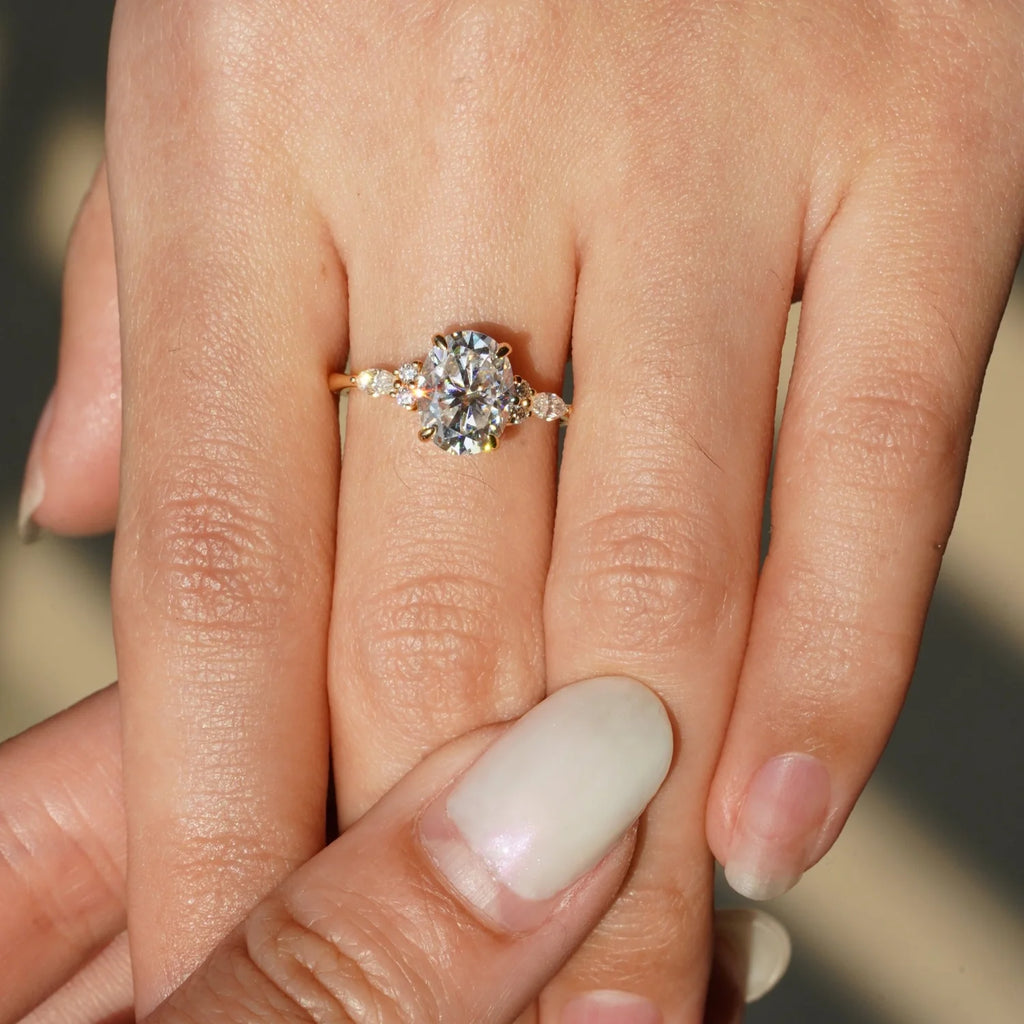 Close-Up of Oval Moissanite with Pavé Band