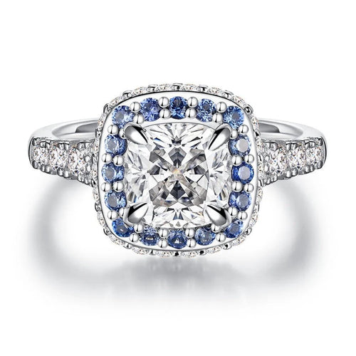 2 Ct Sapphire Halo Cushion Cut Moissanite Ring